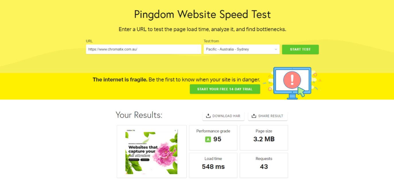 Pingdom website speed test for Chromatix.